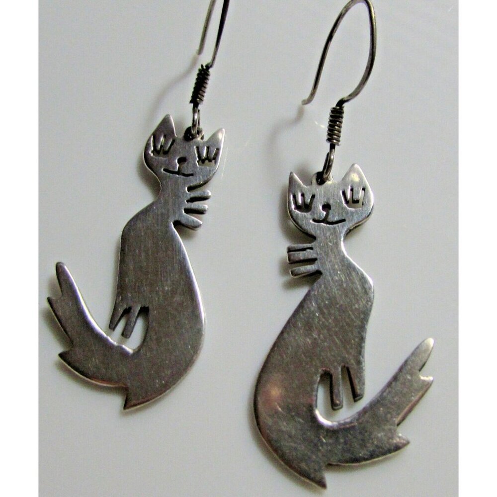 Sterling Silver Cat Earrings  Taxco Mexico 925    Bushy Long Tail Kitten